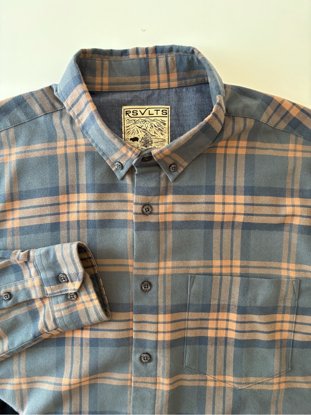 RSVLTS Borland flannel vintage style men’s medium blue orange plaid shirt